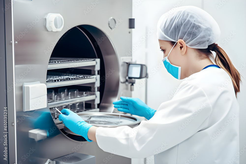 Autoclaving Sterilization of medical instruments Nurse loading a