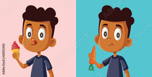 Boy Eating Ice Cream or Fresh Carrot as Snack Vector Cartoon Illustration. Little kid of African ethnicity choosing a good meal
