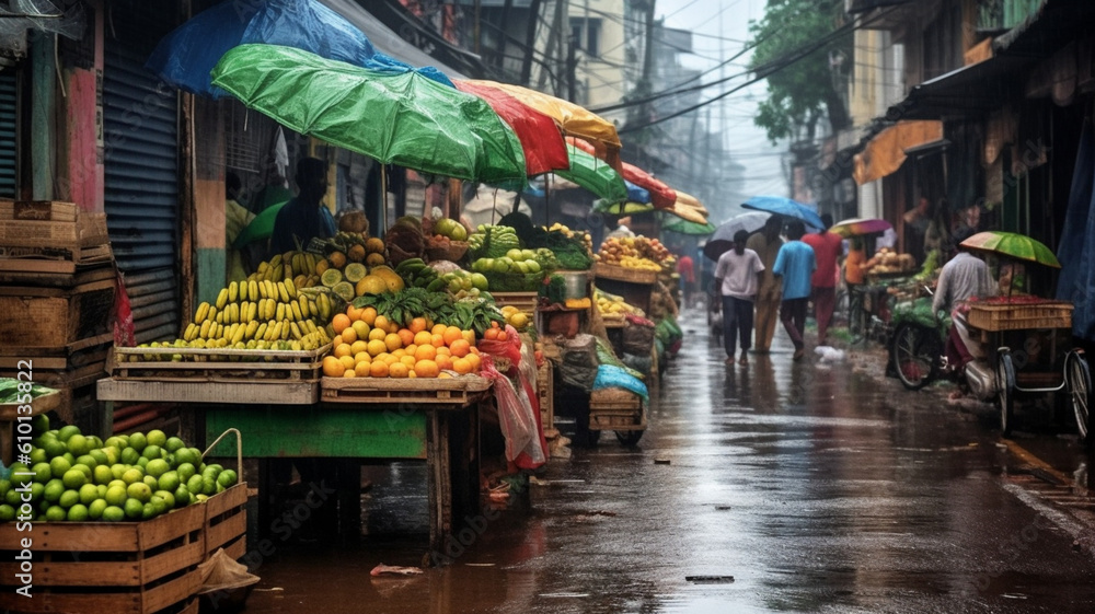 Indian market in rain