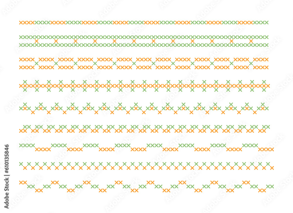 Set of deco line border designs for needlework, cross stitch, thread and stitch concept.