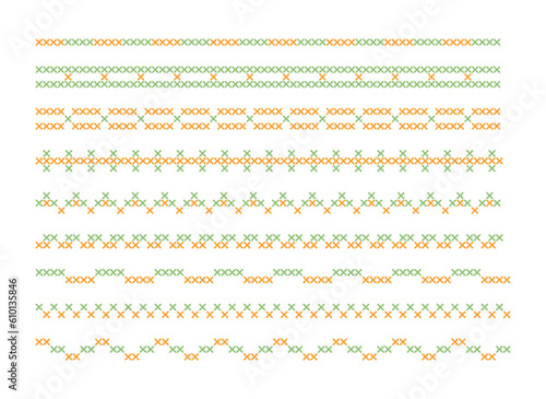 Set of deco line border designs for needlework, cross stitch, thread and stitch concept.