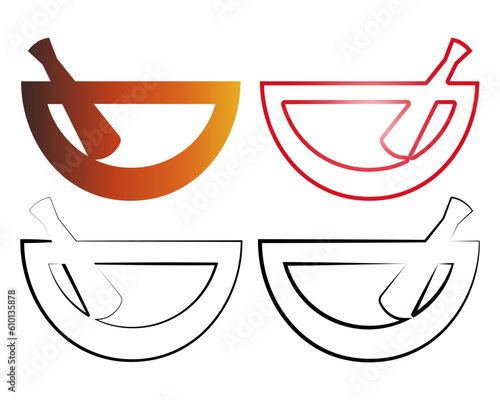 Mortar and pestle pharmacy logo and crushing and grinding tool vector.