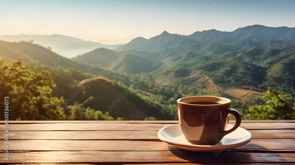 cup of coffee in the mountains view Generative Ai