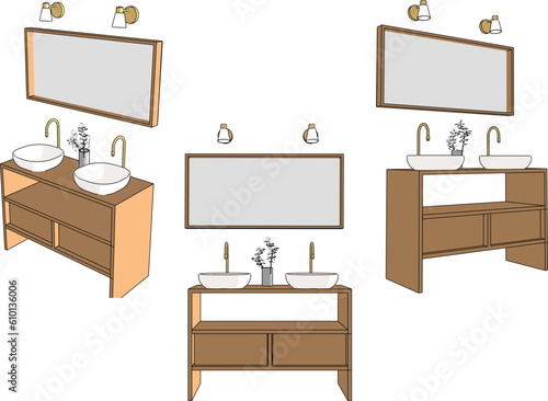 Vector illustration cartoon sketch of wooden vanity sink with mirror