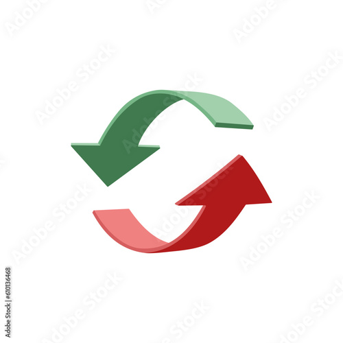 Symbol recyklingu. Dwie strzałki wskazujące kierunek. Zakręcające strzałki w kolorze zielonym i czerwonym. Ilustracja wektorowa.