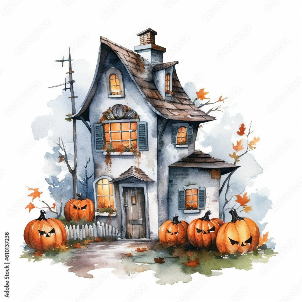 Whimsical Witchery - Halloween Hunting House In Watercolor Style, Isolated on White Background - Generative AI