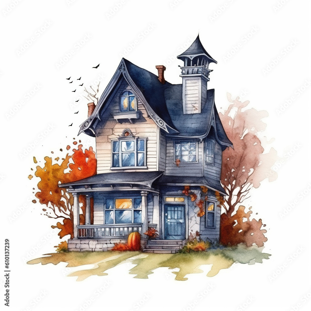 Eerie Elegance - Halloween Hunting House In Watercolor Style, Isolated on White Background - Generative AI
