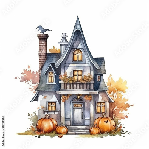 Mystical Manor - Halloween Hunting House In Watercolor Style, Isolated on White Background - Generative AI