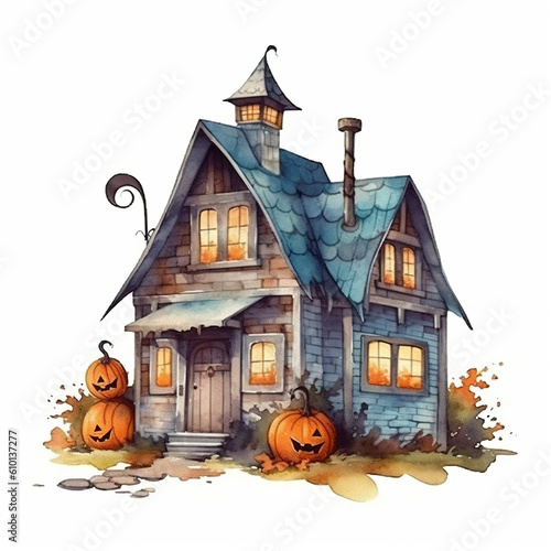 Mysterious Masterpiece - Halloween Hunting House In Watercolor Style, Isolated on White Background - Generative AI