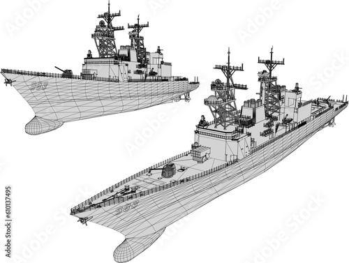 Vector sketch illustration of a battleship full of weapons