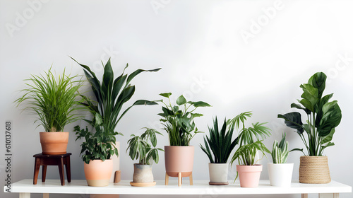 机の上に並んでいる、リアルタッチな観葉植物-Generative AI 