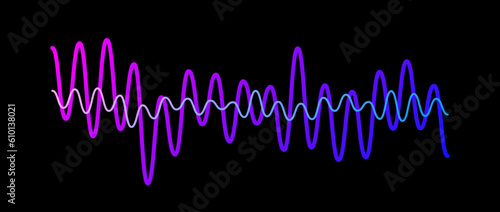 Purple gradient overlapping sound waves. Two sinusoid lines with different frequency and amplitude. Voice or music audio samples. Electronic radio signal graphics on dark background. Vector
