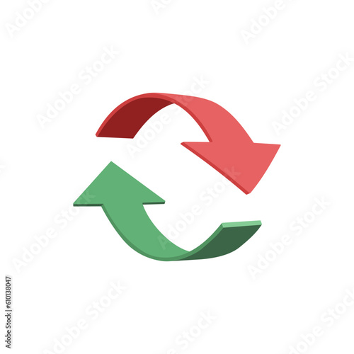 Symbol recyklingu, rotacja, restart, ponawianie, odświeżanie, zmiana. Dwie strzałki wskazujące kierunek. Zakręcające strzałki w kolorze zielonym i czerwonym. Ilustracja wektorowa.