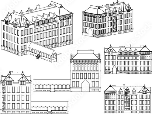 Vintage classic old university mansion building cartoon illustration vector sketch