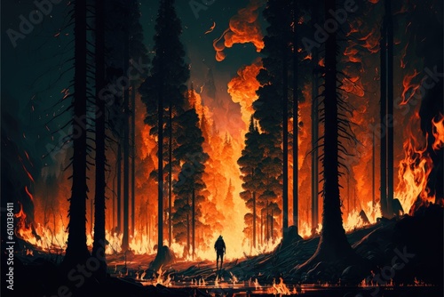 Forest fire at night with person standing silhouette