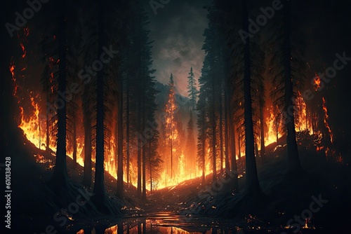 Nighttime forest fire burning 