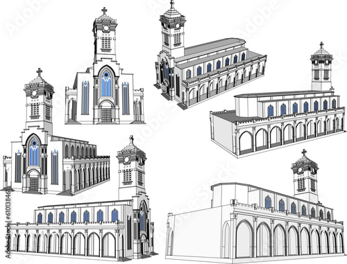 Vintage vatican old holy church illustration vector sketch with tower