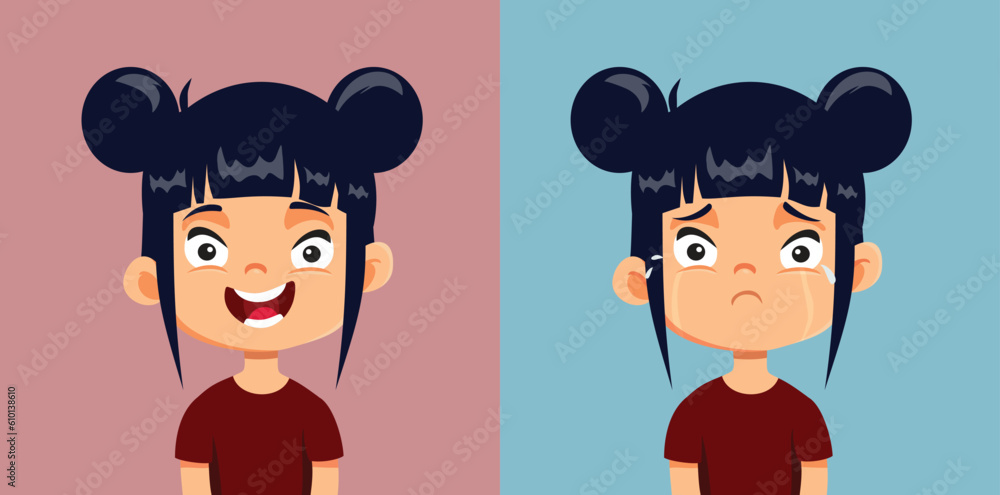 Girl Experiencing Happy and Sad Emotions Vector Cartoon Character. Cheerful little child experiencing different emotions having fun
Girl Experiencing Happy and Sad Emotions Vector Cartoon Character. Cheerful little child experiencing different emotions having fun