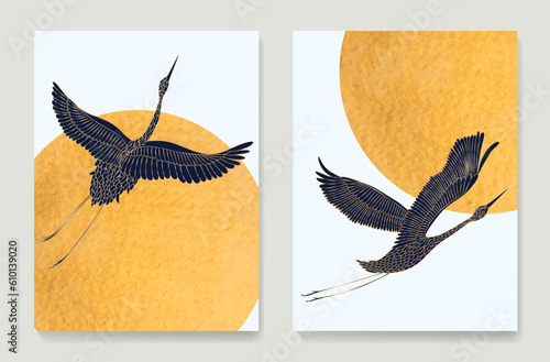 Luxury art background with birds cranes in gold line art style on the background of the sun. Set of animalistic oriental posters for decoration, print, textile, interior design, wallpaper, banner.