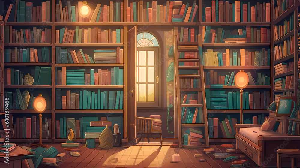 private library illustration background ai generated - obrazy, fototapety, plakaty 