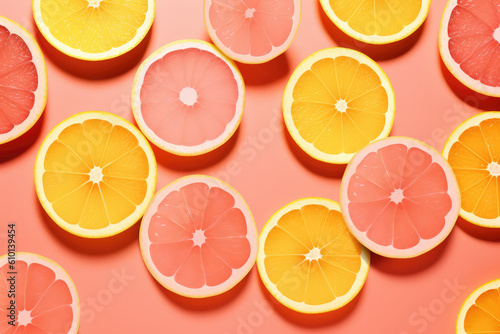 a photo of orange slices with yellow background, generative AI