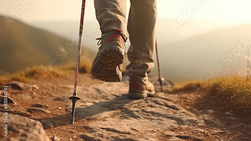 focus on shoes of cropping unreconized Hiker group of friend with trekking sticks climbs steep on mountain trail. Generative Ai