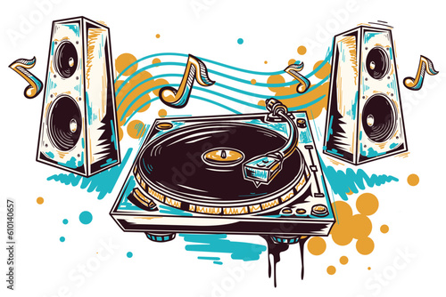Drawn turntable with speakers and musical notes, colorful music design
