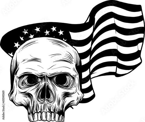 vector illustration of monochrome skull with usa flag on white background