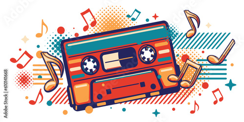 Colorful musical audio cassette and notes funky music design