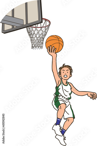 A basketball player about to make a  lay-up