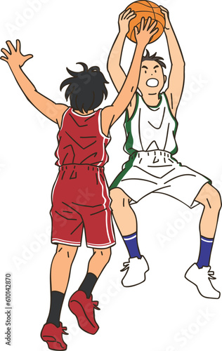 Basketball players going for a rebound