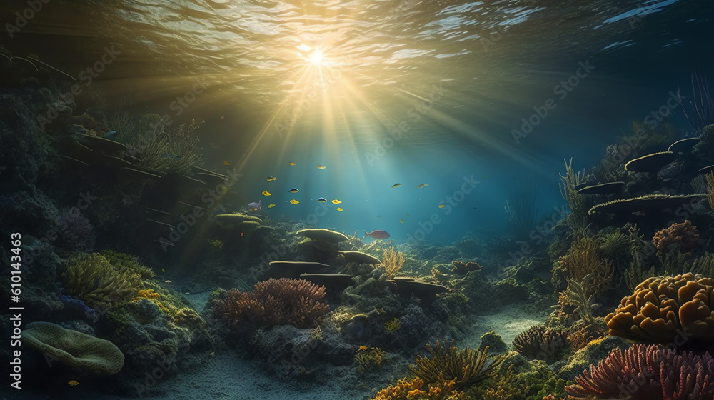 beautiful coral with sun beam underwater view ai generated