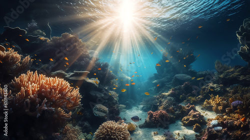 under water view coral reef and sun beam ai generated