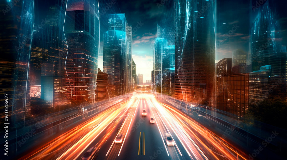 modern metropolis at night, high-speed road. Generative Ai. 