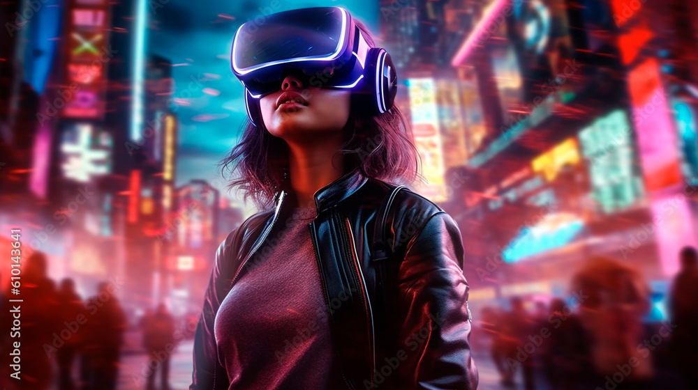 woman in virtual reality glasses in the night metropolis. Generative Ai. 