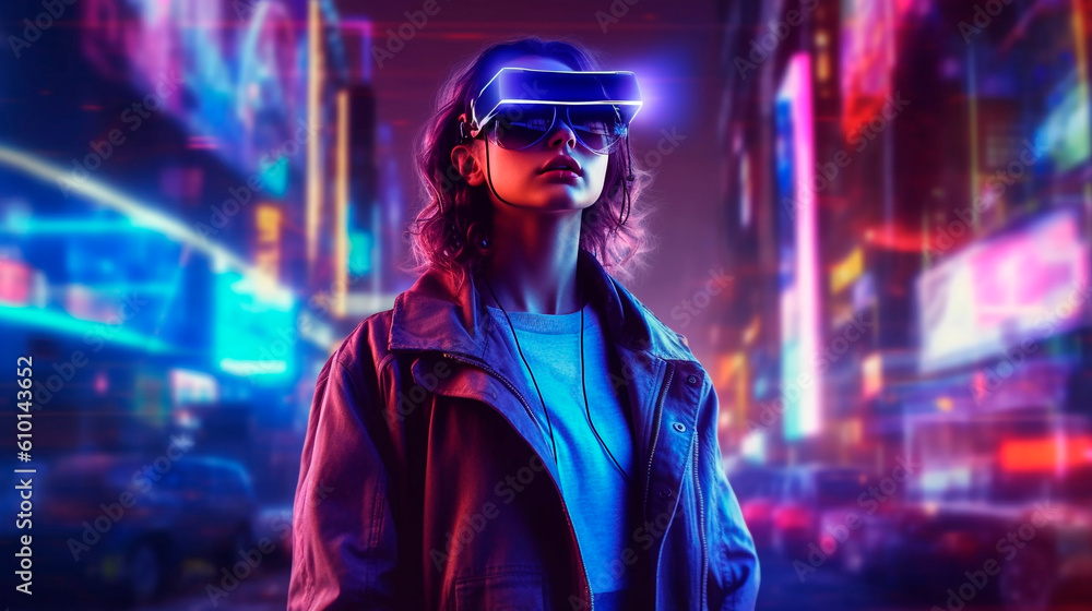 women wearing virtual reality glasses. Generative Ai. women wearing virtual reality glasses. Generative Ai.