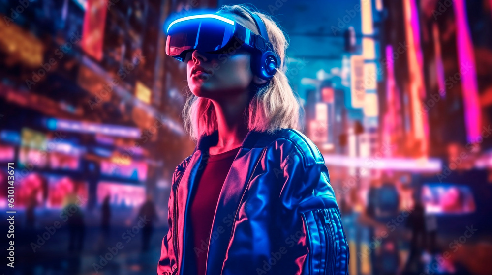 girl in virtual reality glasses on a night city street. Generative Ai. girl in virtual reality glasses on a night city street. Generative Ai.