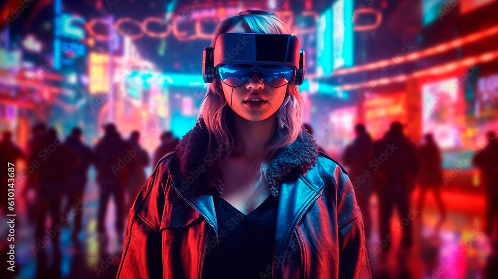 girl in virtual reality glasses walks around the night city. Generative Ai. girl in virtual reality glasses walks around the night city. Generative Ai.