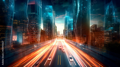 modern metropolis at night, high-speed road. Generative Ai.  © PETR BABKIN