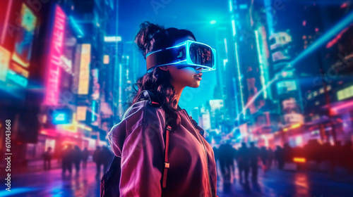 girl in virtual reality glasses on the city streets evening hours. Generative Ai. 
