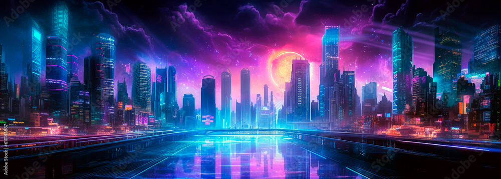 night metropolis, panoramic illustration. Generative Ai. 