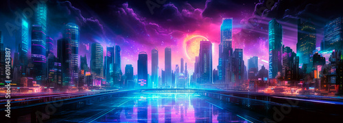 night metropolis, panoramic illustration. Generative Ai.  © PETR BABKIN