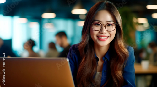 young beautiful smiling woman of Asian appearance works in the office under a laptop. Generative Ai. 