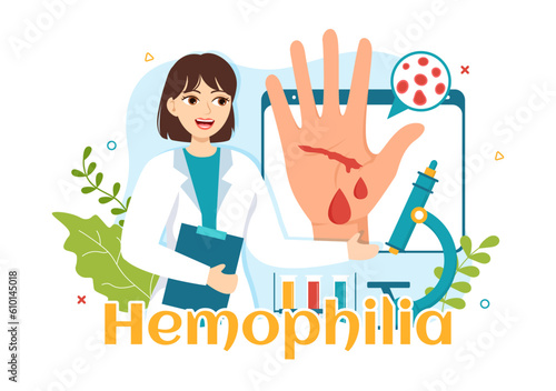 Hemophilia Vector Illustration with Doctor Examining Injured Knee or Joint and Blood Disorders in Healthcare Flat Cartoon Hand Drawn Templates