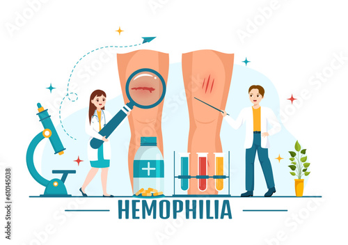 Hemophilia Vector Illustration with Doctor Examining Injured Knee or Joint and Blood Disorders in Healthcare Flat Cartoon Hand Drawn Templates