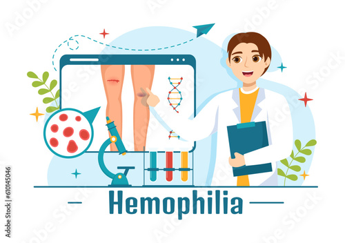 Hemophilia Vector Illustration with Doctor Examining Injured Knee or Joint and Blood Disorders in Healthcare Flat Cartoon Hand Drawn Templates