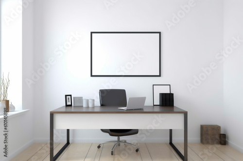 Vertical frame mockup, blank empty screen isolated on white home office background. Copy space. AI generated © AGPhotography