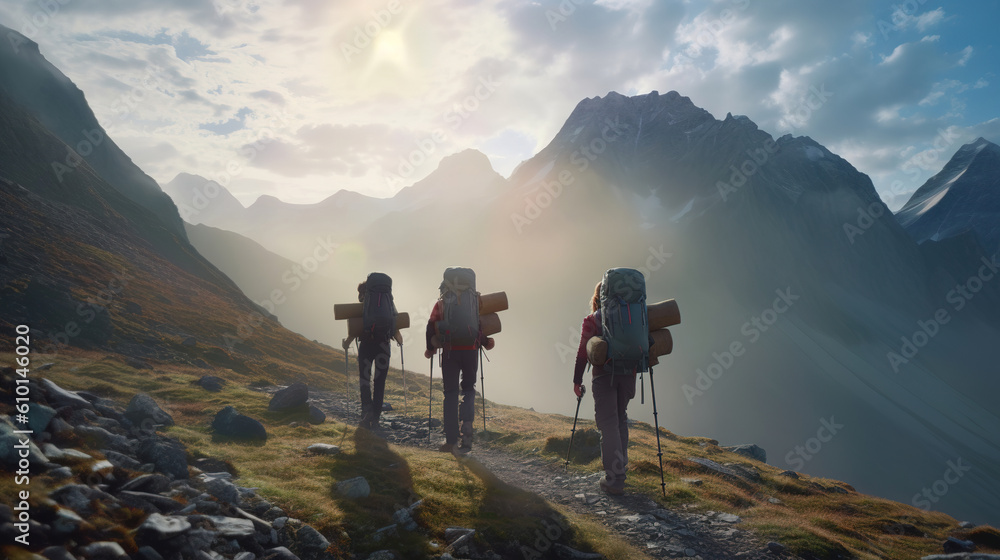 Group of hikers walks in mountains at early morning. Generative Ai