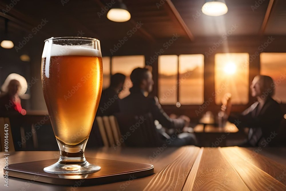 A glass of beer on a bar table. Created with generative Ai technology. A glass of beer on a bar table. Created with generative Ai technology.