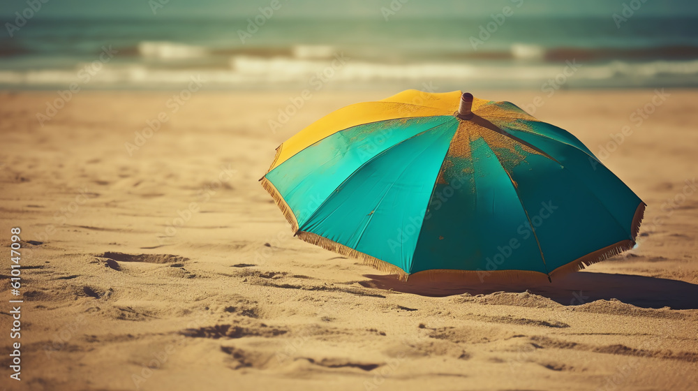 blue and yellow umbrella in beach ai generated